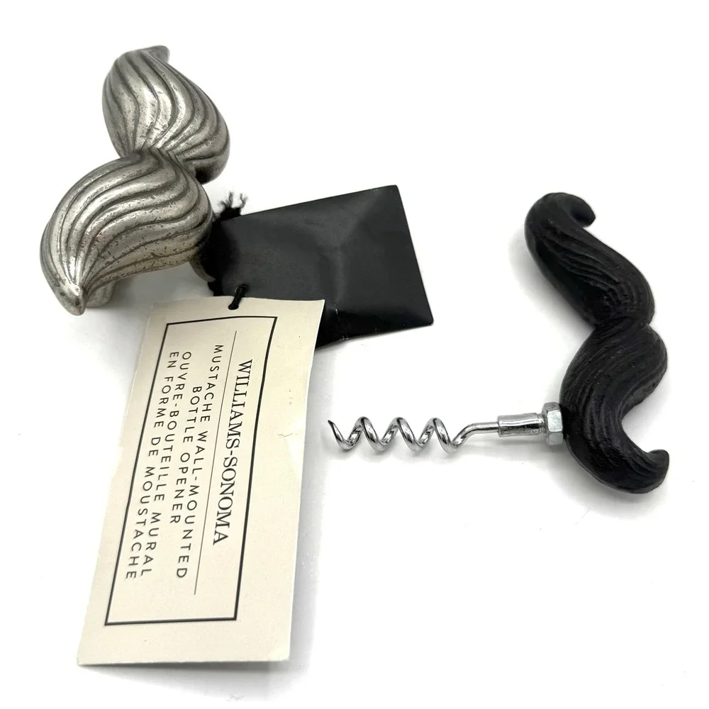 Williams Sonoma Mustache Bottle Opener & Corkscrew Set Silver Black NEW NWT